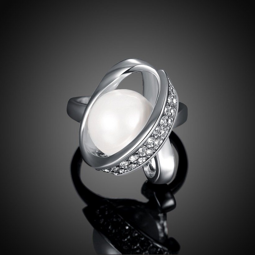 Wholesale Romantic Platinum Round White pearl zircon Ring Beautiful Shinning Party weddingJewelry TGPR016 2