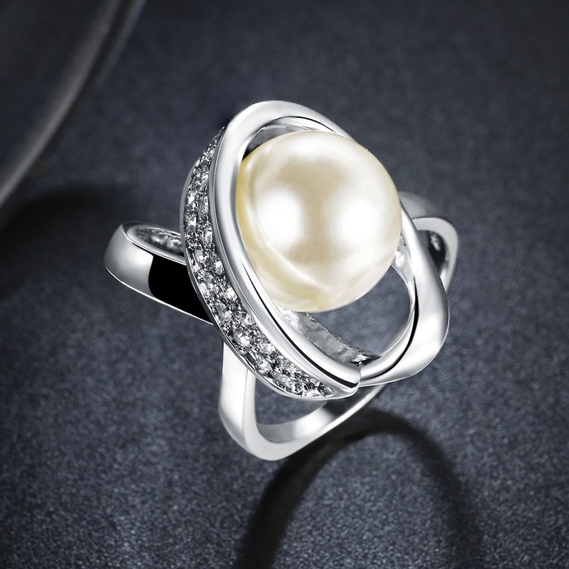 Wholesale Romantic Platinum Round White pearl zircon Ring Beautiful Shinning Party weddingJewelry TGPR016 3