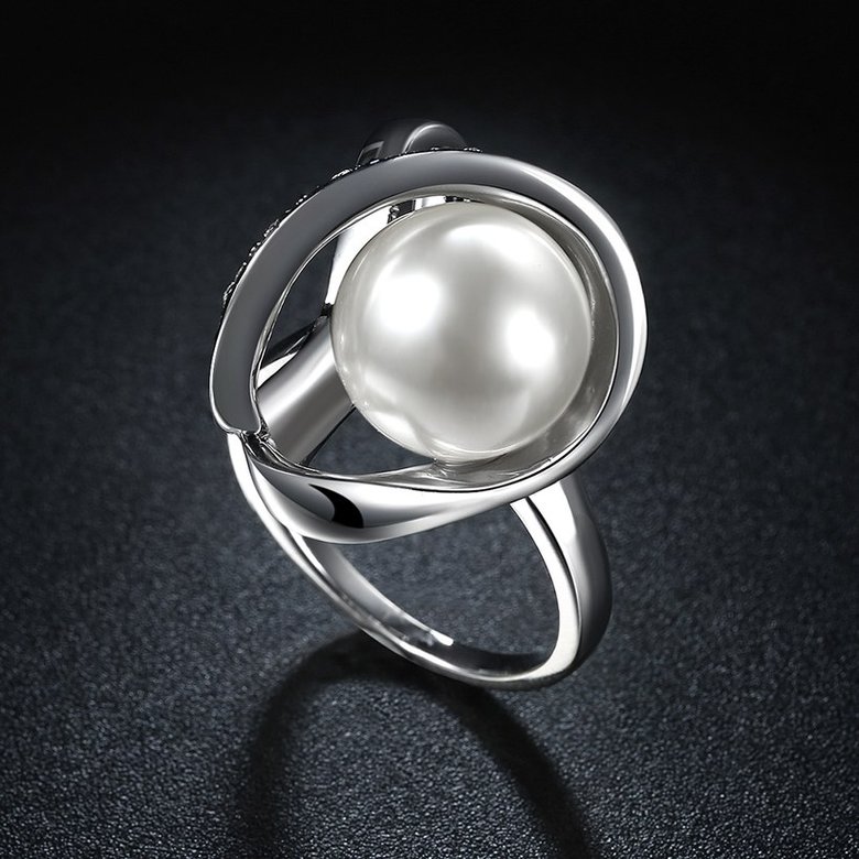 Wholesale Romantic Platinum Round White pearl zircon Ring Beautiful Shinning Party weddingJewelry TGPR016 4