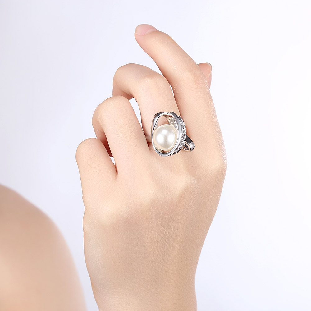 Wholesale Romantic Platinum Round White pearl zircon Ring Beautiful Shinning Party weddingJewelry TGPR016 5