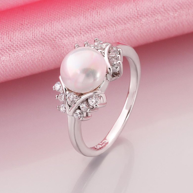 Wholesale Fashion Romantic Platinum rings Natural white Pearl Retro Good Quality Ring For Women wedding ball jewelry Drop Shipping TGPR010 0