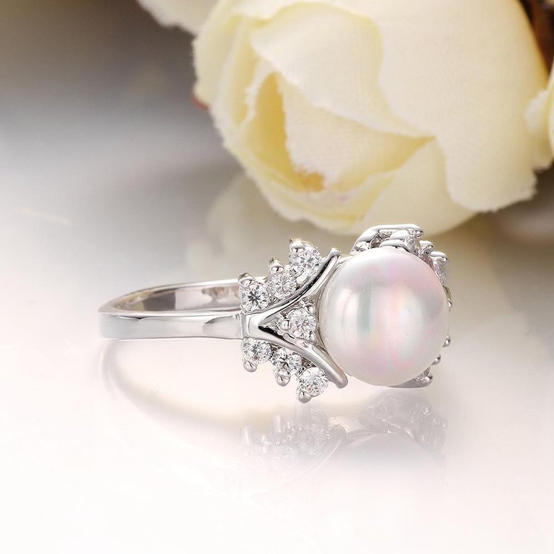 Wholesale Fashion Romantic Platinum rings Natural white Pearl Retro Good Quality Ring For Women wedding ball jewelry Drop Shipping TGPR010 3