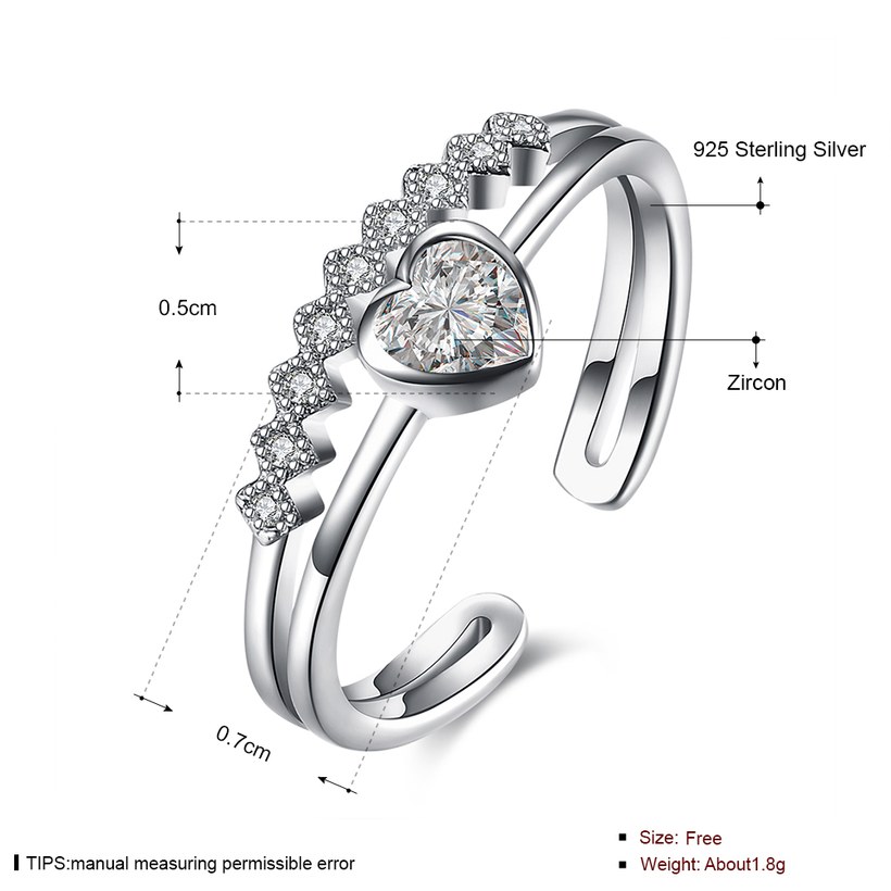 Wholesale Trendy Real 925 Sterling Silver heart shape White CZ Ring for Woman opening  adjustable ring asymmetrical  jewelry TGSLR134 1