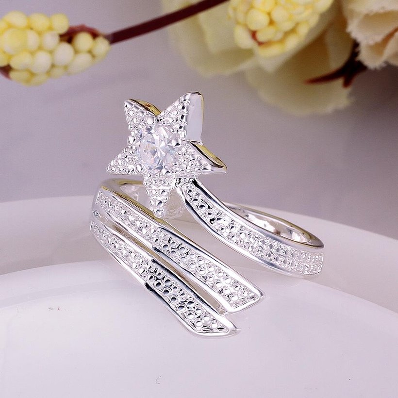 Wholesale Romantic Silver White star Ring for Lady Promotion Shiny Zircon Crystal Banquet Holiday Party Christmas wedding Ring TGSPR106 2