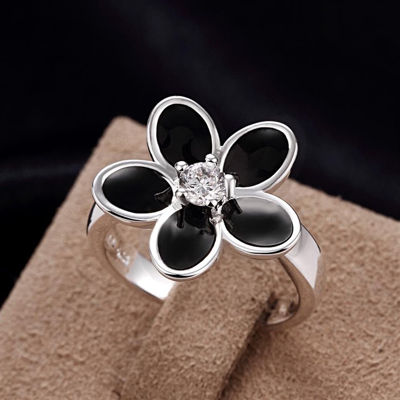 Wholesale Antique Silver Color Enamel Ring With Black Crystal Flower Rings For Women Romantic Vintage Jewelry Christmas Gift TGSPR148 3