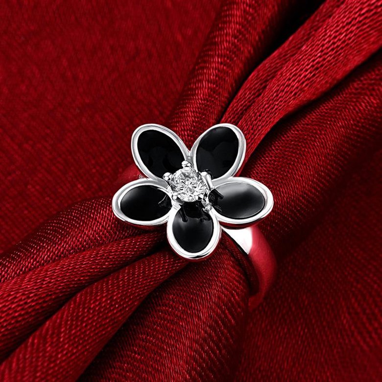 Wholesale Antique Silver Color Enamel Ring With Black Crystal Flower Rings For Women Romantic Vintage Jewelry Christmas Gift TGSPR148 4