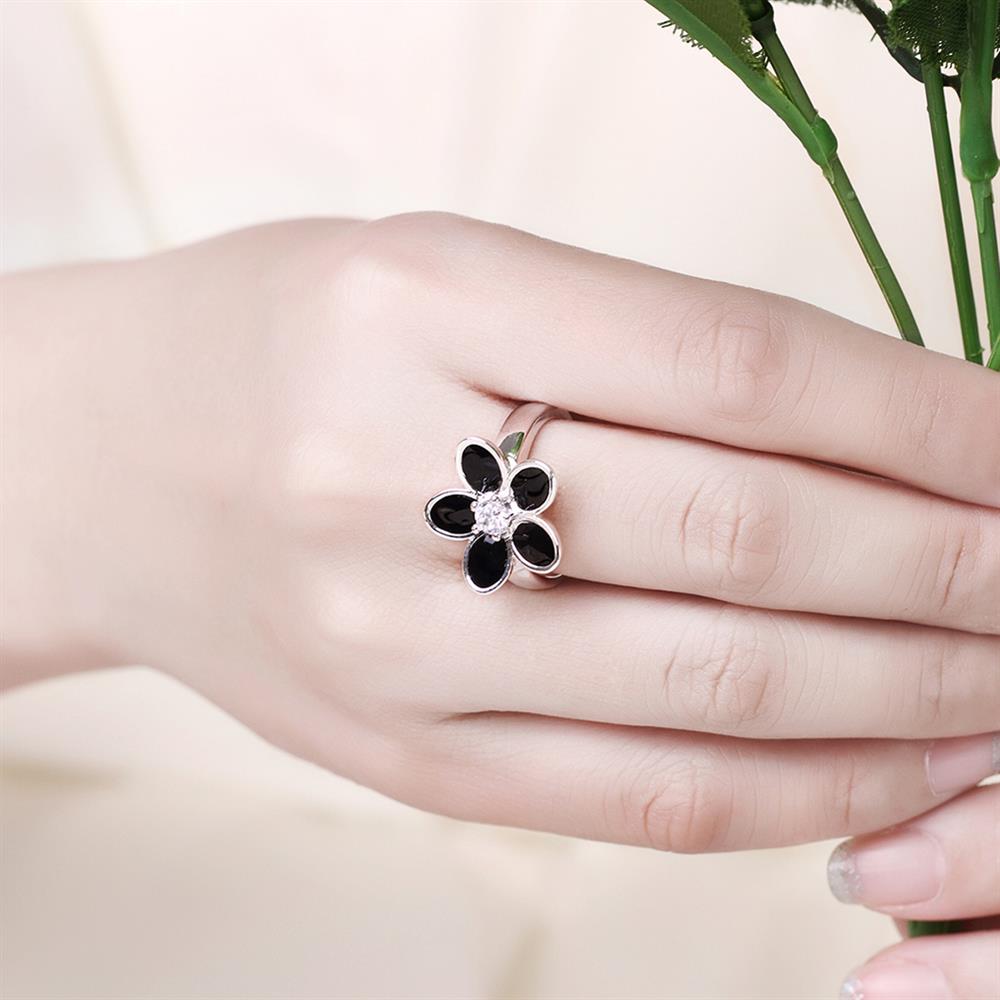 Wholesale Antique Silver Color Enamel Ring With Black Crystal Flower Rings For Women Romantic Vintage Jewelry Christmas Gift TGSPR148 5