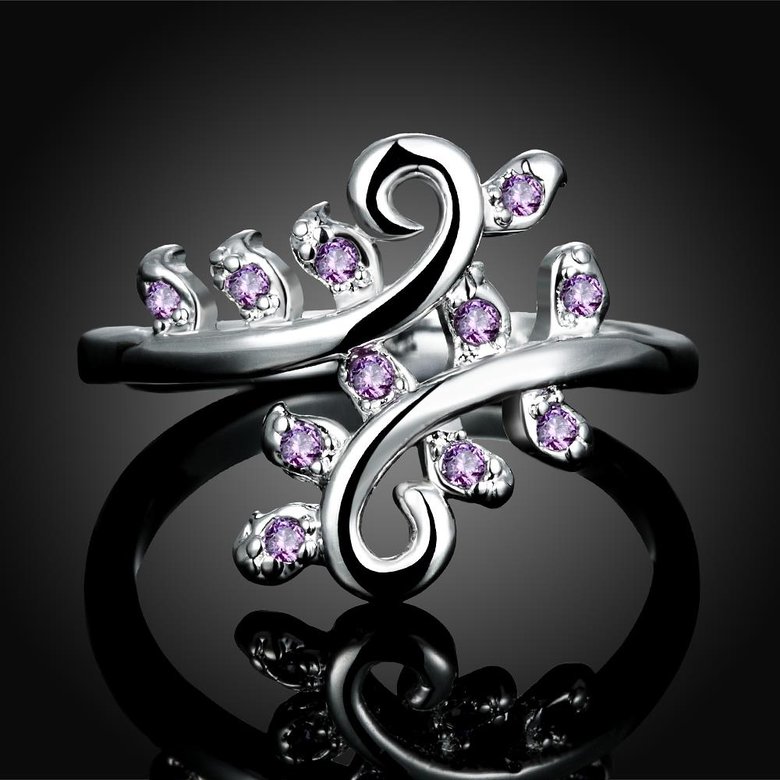 Wholesale Wedding Crystal Silver Color Rings Vine Leaf Design Engagement purple  Zircon Ring Fashion Bijoux For Women Ladies Jewelry Gifts TGSPR708 1