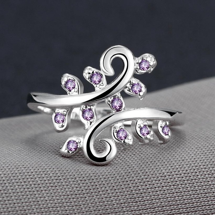 Wholesale Wedding Crystal Silver Color Rings Vine Leaf Design Engagement purple  Zircon Ring Fashion Bijoux For Women Ladies Jewelry Gifts TGSPR708 2