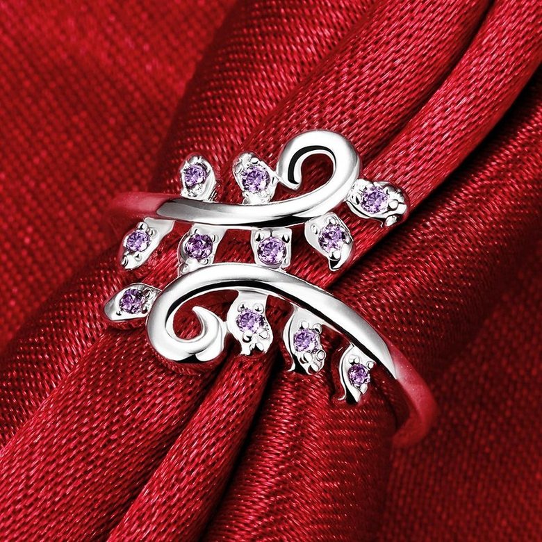 Wholesale Wedding Crystal Silver Color Rings Vine Leaf Design Engagement purple  Zircon Ring Fashion Bijoux For Women Ladies Jewelry Gifts TGSPR708 3