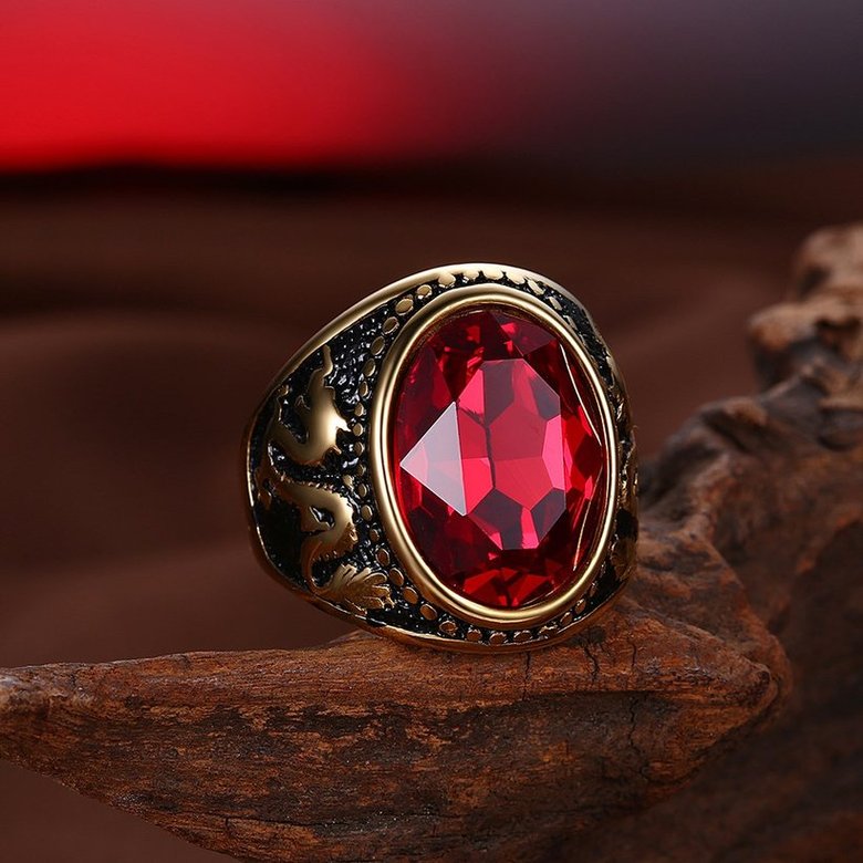 Wholesale Euramerican fashion Vintage big oval red Zircon Stone Rings For Male 18K gold dragon pattern Stainless Steel jewelry Charm Gift  TGSTR137 3