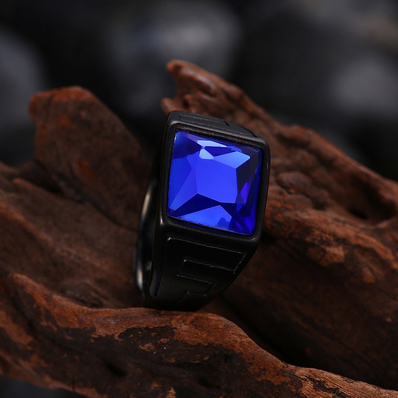 Wholesale Hot Sale vintage Fashion black Stainless steel Men's Signet Ring with big square blue Crystal Stone Rings Good Luck Jewelery TGSTR141 2