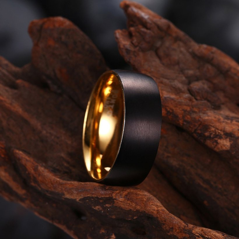 Wholesale Fashion Stainless steel Drawing black ring  Wedding party jewelry for Lover gift Gold Stainless Steel Round men Ring TGSTR154 2