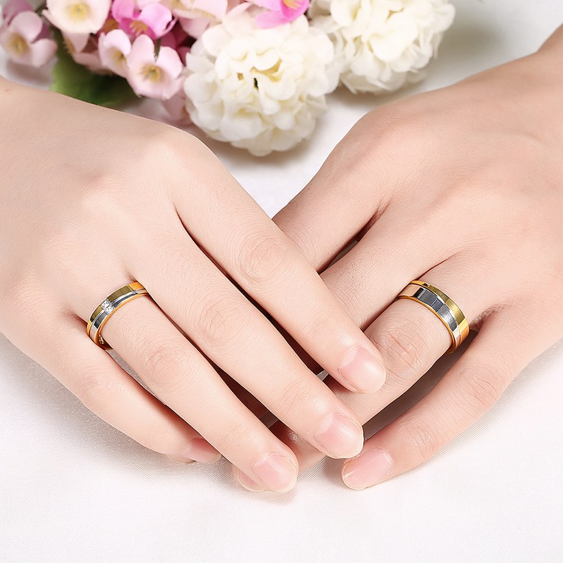 Wholesale Classic Alliances Marriage Couple Wedding Rings set for women zircon jewelry Gold color stainless steel jewelry  TGSTR040 4