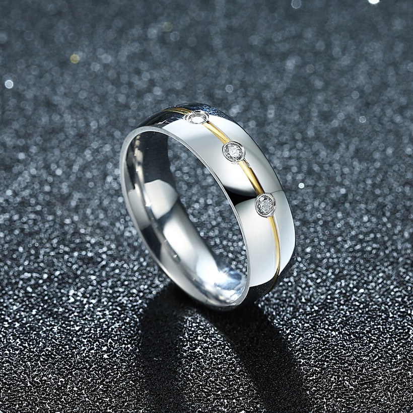 Wholesale Fashion inlay Golden stripe Bling three CZ Wedding Rings For men Stainless Steel Love Gifts TGSTR031 2