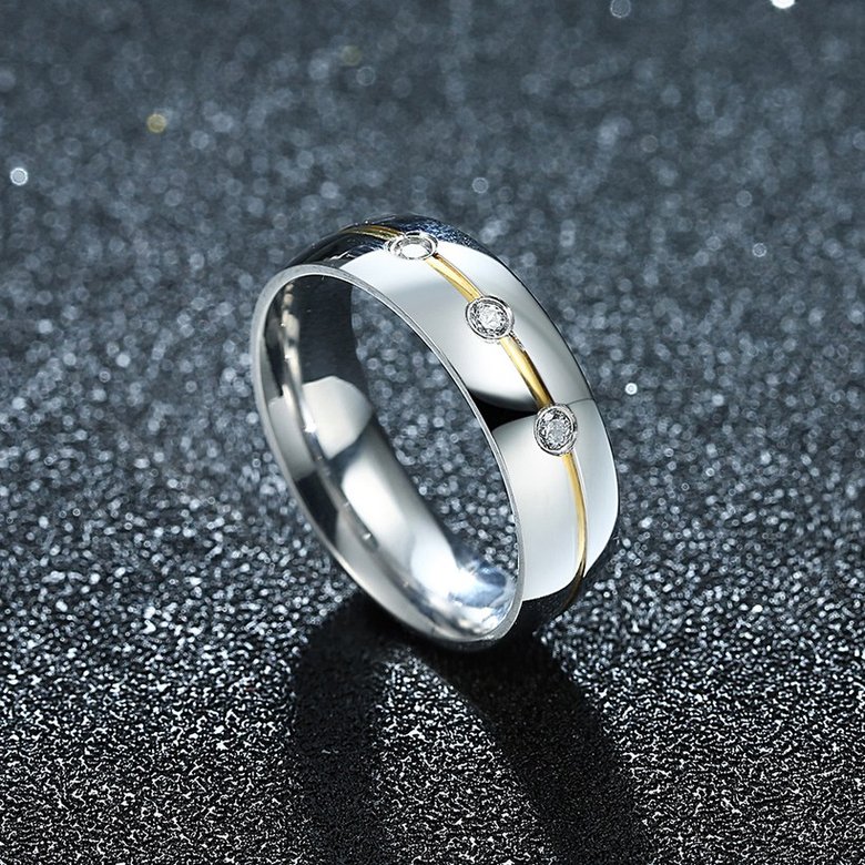 Wholesale Fashion inlay Golden stripe Bling three CZ Wedding Rings For men Stainless Steel Love Gifts TGSTR031 2