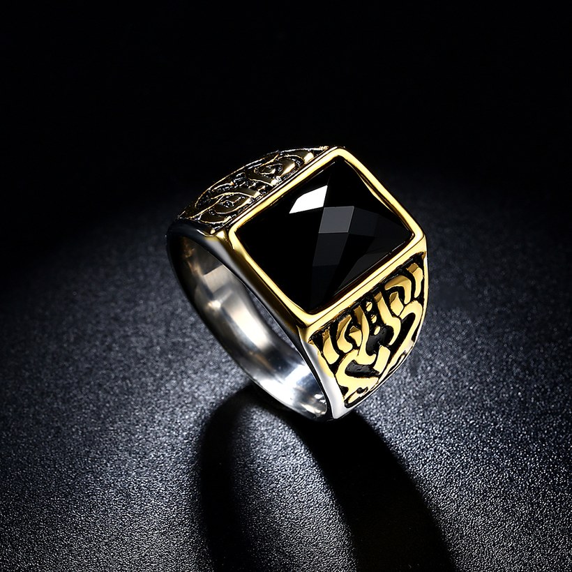 Wholesale Euramerican fashion Vintage square black Zircon Stone Finger Rings For Men Male 18K gold Stainless Steel jewelry Charm Gift  TGSTR116 2