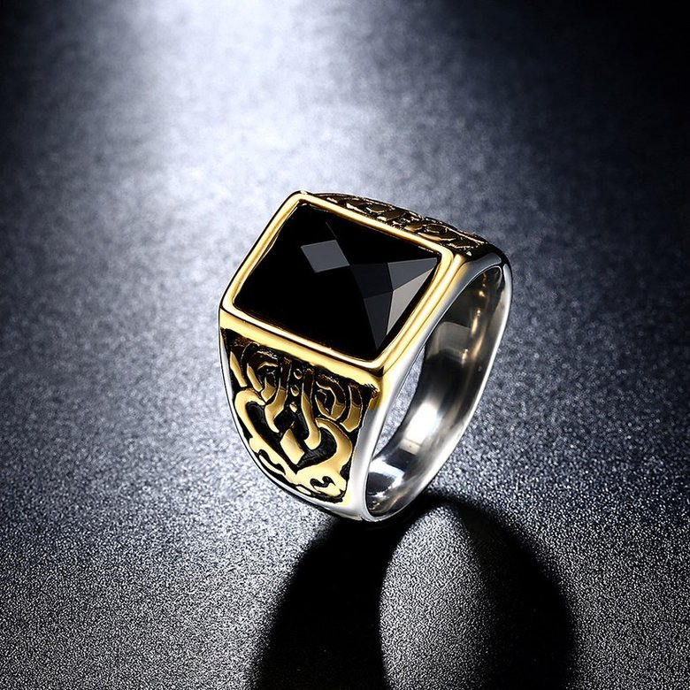 Wholesale Euramerican fashion Vintage square black Zircon Stone Finger Rings For Men Male 18K gold Stainless Steel jewelry Charm Gift  TGSTR116 3