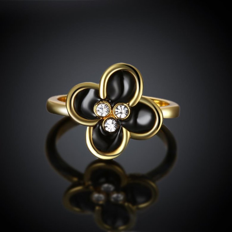 Wholesale Romantic black flower 24K Gold Plant White Rhinestone Ring Fashion Simple Stylish Jewelry TGGPR318 2