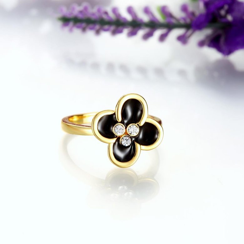 Wholesale Romantic black flower 24K Gold Plant White Rhinestone Ring Fashion Simple Stylish Jewelry TGGPR318 3