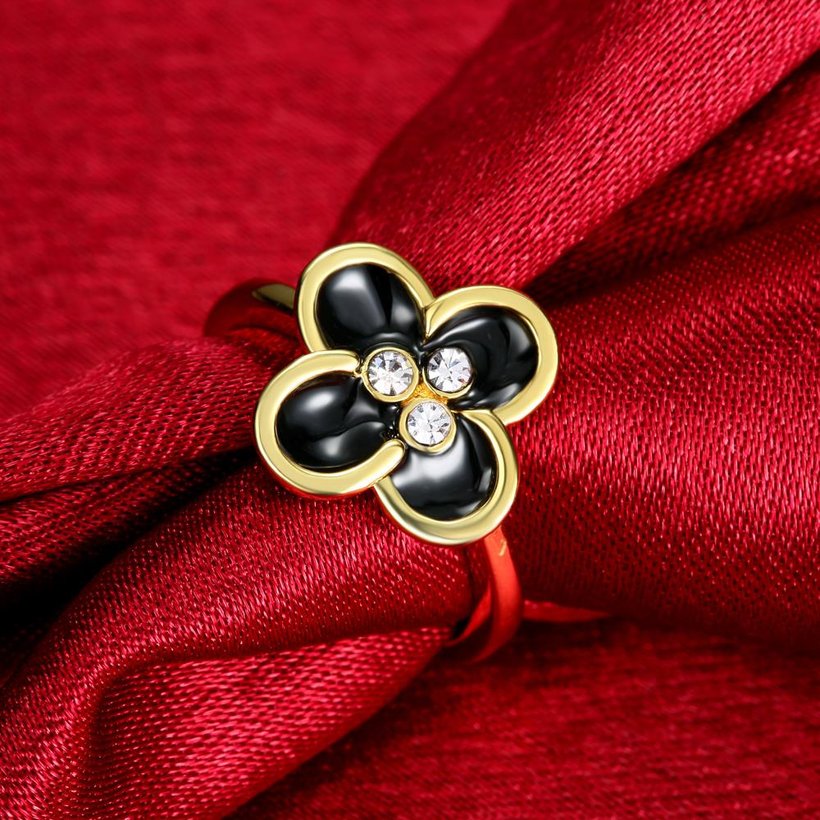 Wholesale Romantic black flower 24K Gold Plant White Rhinestone Ring Fashion Simple Stylish Jewelry TGGPR318 4