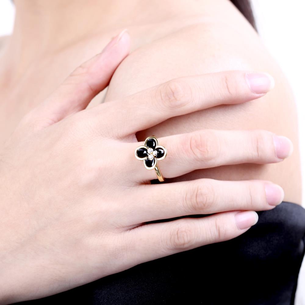 Wholesale Romantic black flower 24K Gold Plant White Rhinestone Ring Fashion Simple Stylish Jewelry TGGPR318 5