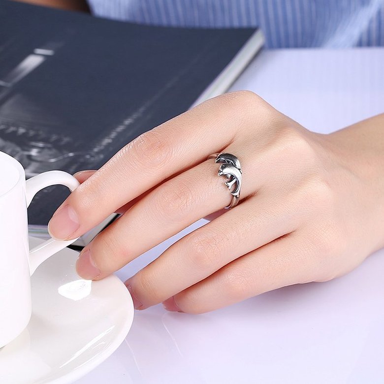 Wholesale Hot Sale Fashion Vintage Silver Double Dolphin rings Happy Women In Love Silver Plated Ring Accessories for unisex TGVGR003 0