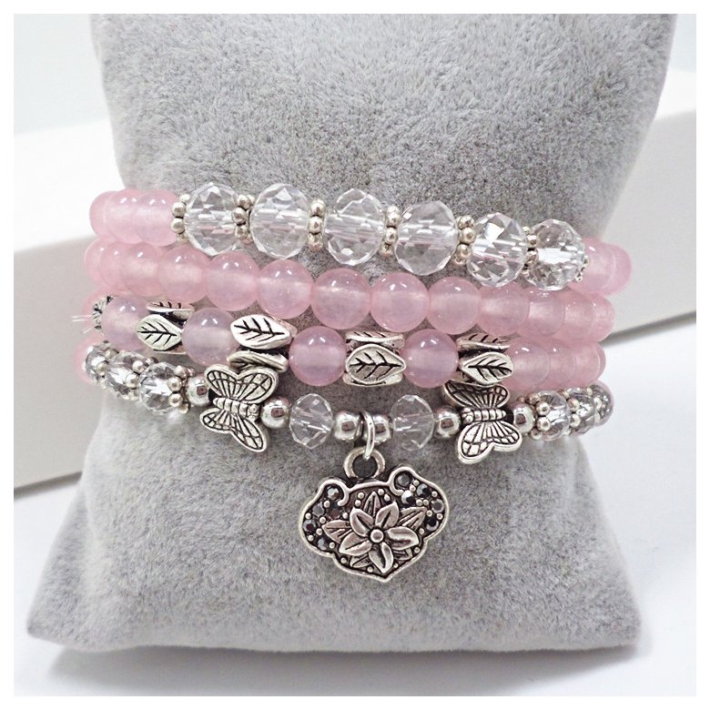 Wholesale Women Bracelets Charms Natural Stone Bracelets Pink Quartz with Butterfly Pendent Bracelets for Women Stone Beads Charms Jewelry VGB022