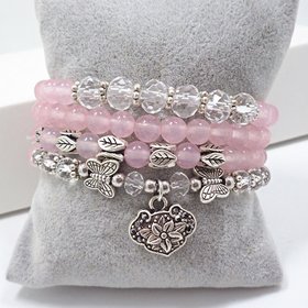 Wholesale Women Bracelets Charms Natural Stone Bracelets Pink Quartz with Butterfly Pendent Bracelets for Women Stone Beads Charms Jewelry VGB022