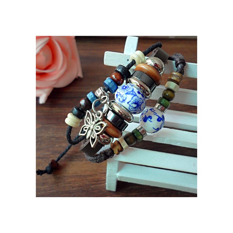 Wholesale Fashion wholesale jewelry Wristband Cuff Leather Bracelet Blue And White Porcelain Beads Bracelet Ethnic Bijouterie VGB024