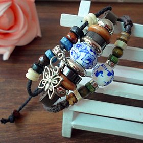 Wholesale Fashion wholesale jewelry Wristband Cuff Leather Bracelet Blue And White Porcelain Beads Bracelet Ethnic Bijouterie VGB024