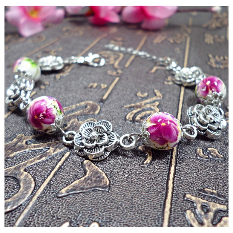 Wholesale Chinese Style Ceramic Bracelet Women Female Handmade Rose Flower Beads Charm Bracelet Hot Selling Ethic Beaded Bangles VGB068