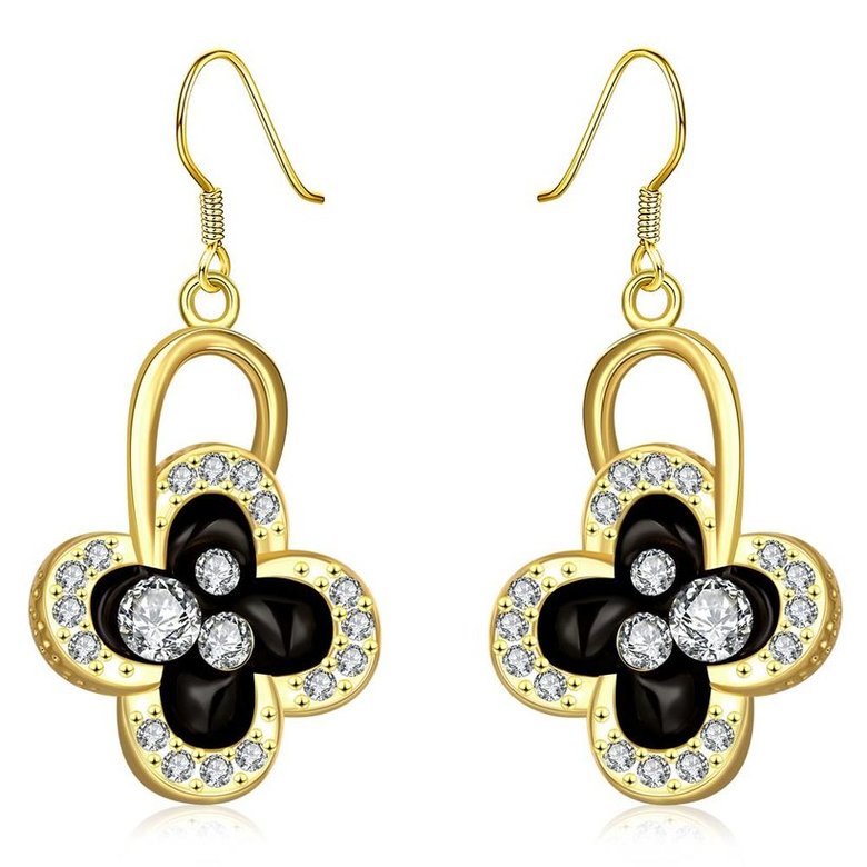 Wholesale Fashion Classic 24K Gold Plated Rhinestone Dangle Earring clover black earring jewelry  TGGPDE075
