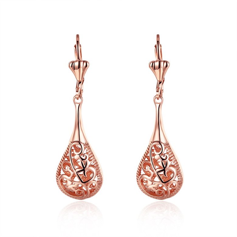 Wholesale New Unique Long Earrings Women Wedding Fine Cute Fine Jewelry Rose Gold Hollow Carving Vintage water drop Dangle Earrings TGGPDE105