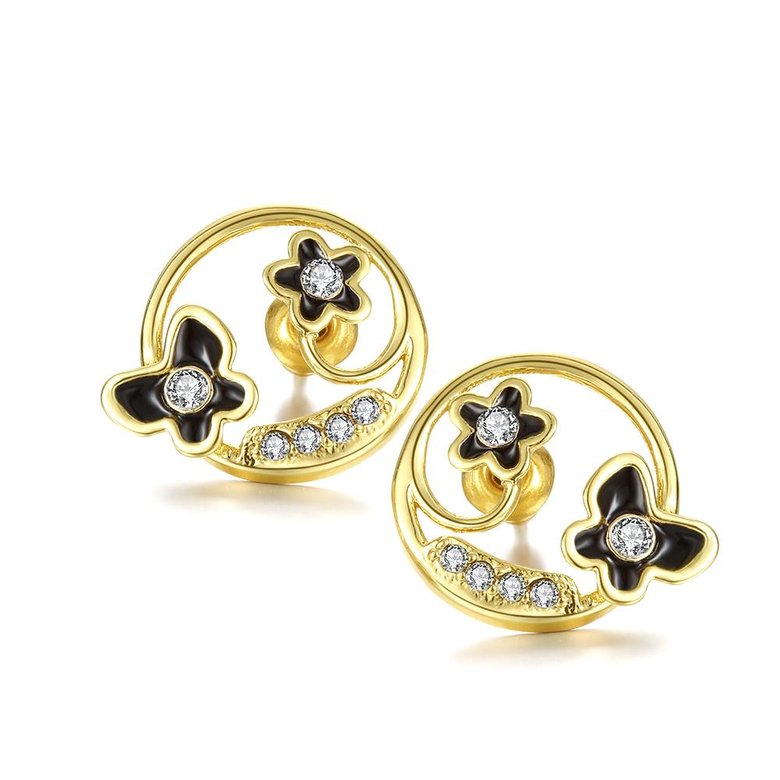 Wholesale Special cute Black enamel Stud Earrings for Women flower Cubic Zirconia 24K Gold Ear Studs Party Jewelry Girls Gifts TGGPE167