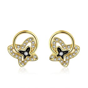 Wholesale Special cute Black enamel Stud Earrings for Women butterfly shape Cubic Zirconia 24K Gold Ear Studs Party Jewelry Girls Gifts TGGPE179