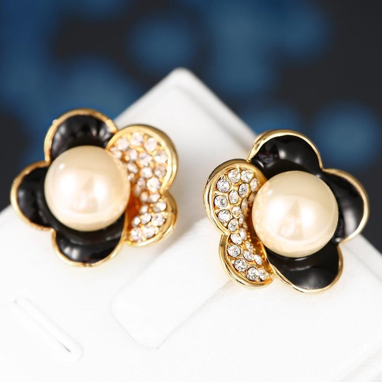 Wholesale Korea Style Flower Shape black Enamel Earrings gold color crystal earrings for Girls Party Cute Lovely jewelry TGGPE358