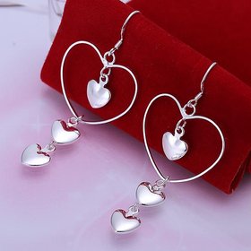Wholesale Romantic Korean style Silver plated 3 Solid Heart Vintage Long Tassel Dangle Earrings For Women Engagement Wedding Jewelry TGSPDE242