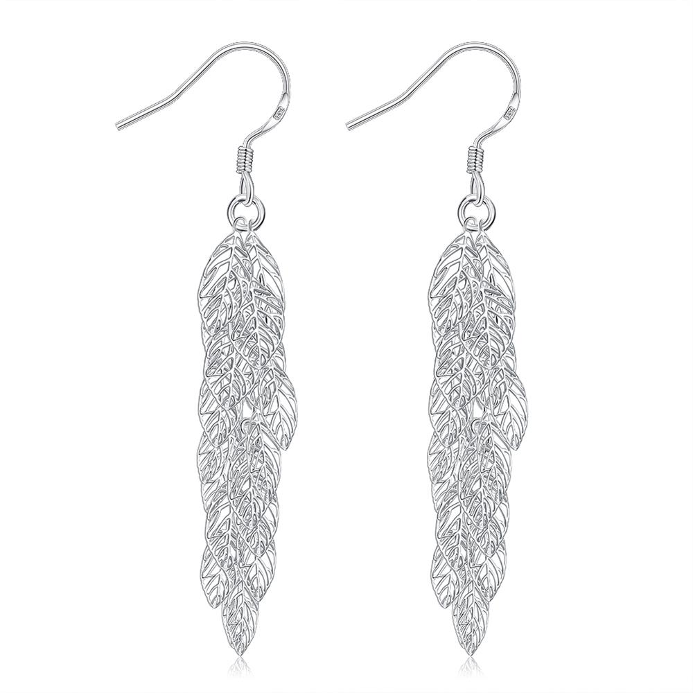 Wholesale Romantic Silver Plated Dangle Earring hollow out leaf long earring for women fine gift TGSPDE147