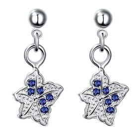 Wholesale Trendy Silvermaple leaf shape Dangle Earring for women blue crystal earring party jewelry TGSPDE002