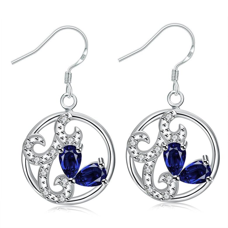 Wholesale Classic luxury Silver round Dangle Earring Blue crystal long Drop Earrings For Women Bridal Wedding Jewelry Gifts TGSPDE098