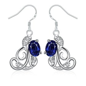 Wholesale Classic luxury Silver round Dangle Earring Blue crystal long Drop Earrings For Women Bridal Wedding Jewelry Gifts TGSPDE128
