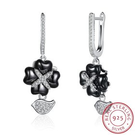 Wholesale Fashion 925 Sterling Silver Black Clover Ceramic Dangle Earring TGSLE211