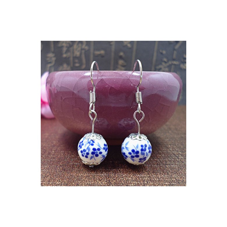 Wholesale Handmade Blue And White Porcelain Earring Vintage Ceramic Woman Lady Drop Earrings Dangle Earrings   VGE052
