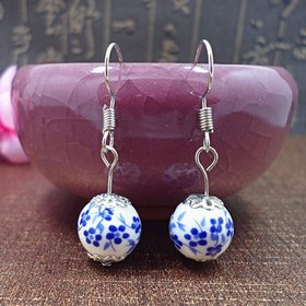 Wholesale Handmade Blue And White Porcelain Earring Vintage Ceramic Woman Lady Drop Earrings Dangle Earrings   VGE052