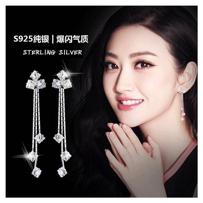 Wholesale Luxury square  Zircon Long Drop Earrings with Silver Color Tassel Korean Wedding Earring for Women Party Jewelry VGE083
