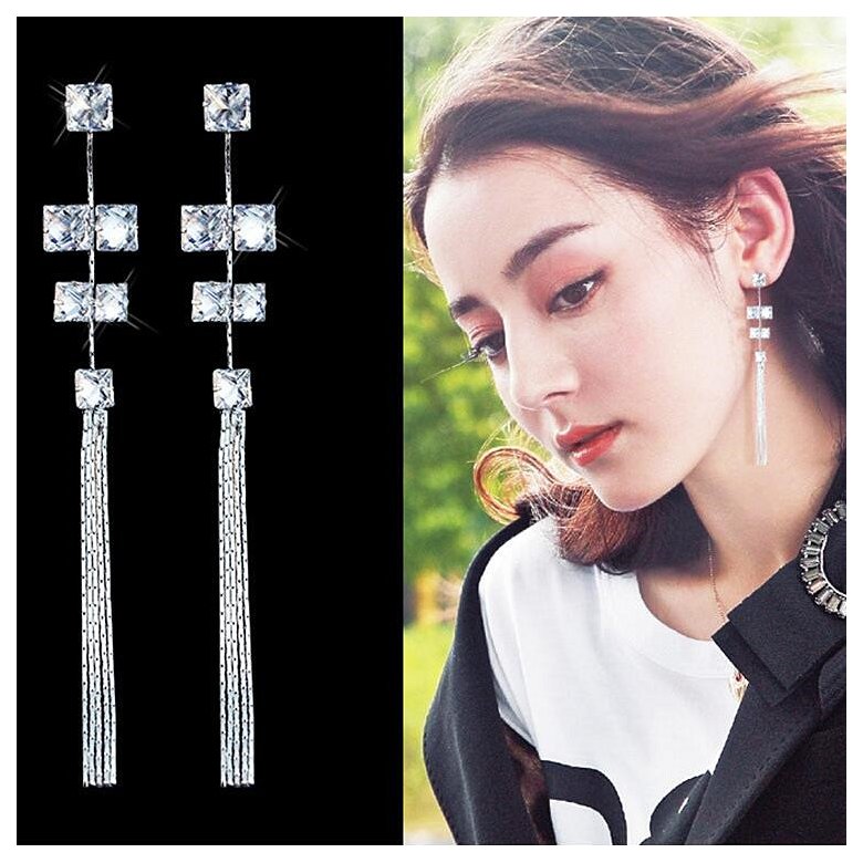 Wholesale Women's Earrings Hanging Rectangular Zircon Tassel Earrings Fashion Charm Banquet Engagement Earrings VGE092