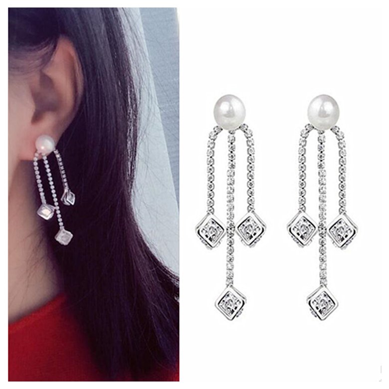 Wholesale New style 925 sterling silver Zircon Pearls Dangle Earrings for Women Box Chain Long Tassel Earring Jewelry VGE099