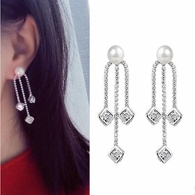 Wholesale New style 925 sterling silver Zircon Pearls Dangle Earrings for Women Box Chain Long Tassel Earring Jewelry VGE099