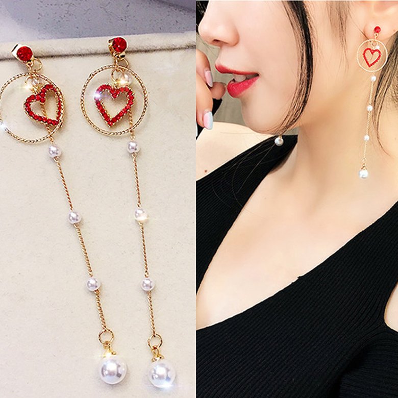 Wholesale New Korean Charm Pearl Tassel Crystal Love Heart Clip Earrings for Women Fashion Earring Luxury Jewelry VGE164